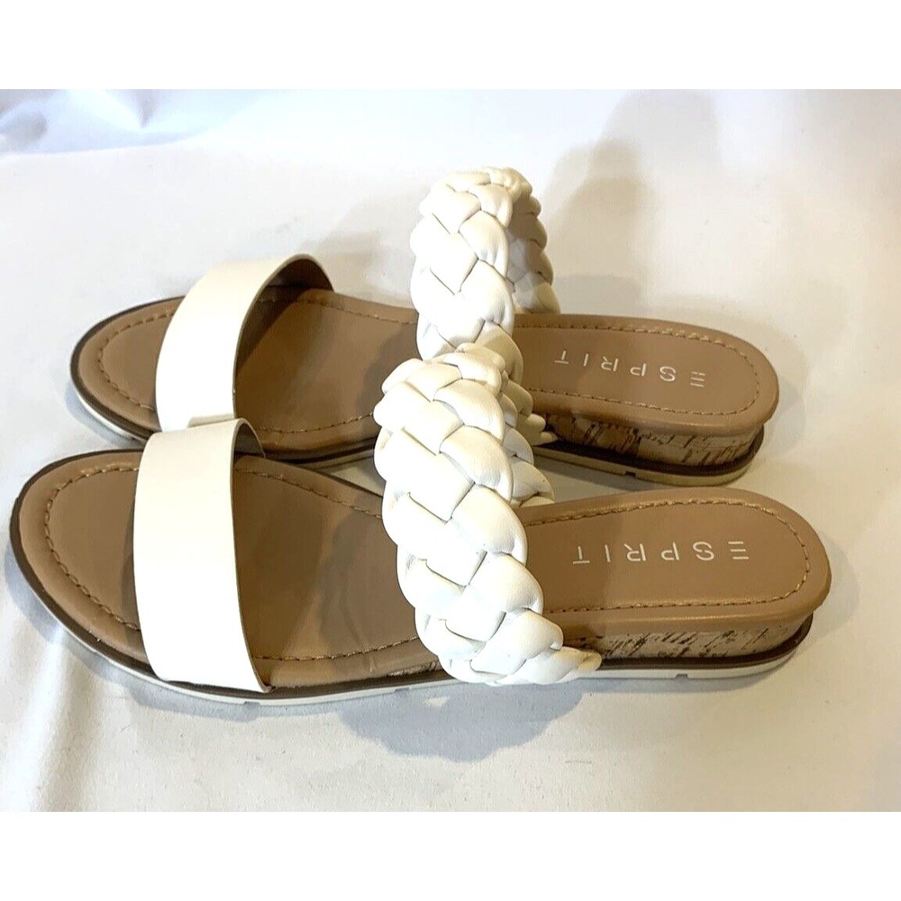 Esprit Sandals Womens 7.5 Ivory Cream Slide Low Wedge Cork Braided Strap Dale - Picture 2 of 9